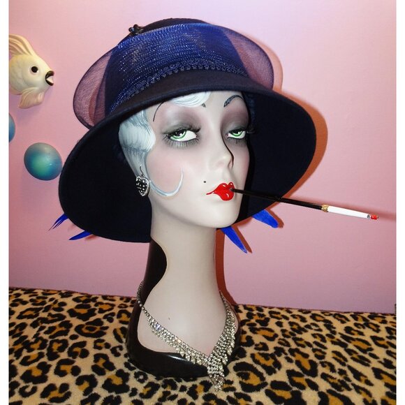 Vintage Navy Blue Wool Cloche Hat w/ Feathers Kentucky Derby church hat sequins - Picture 1 of 10